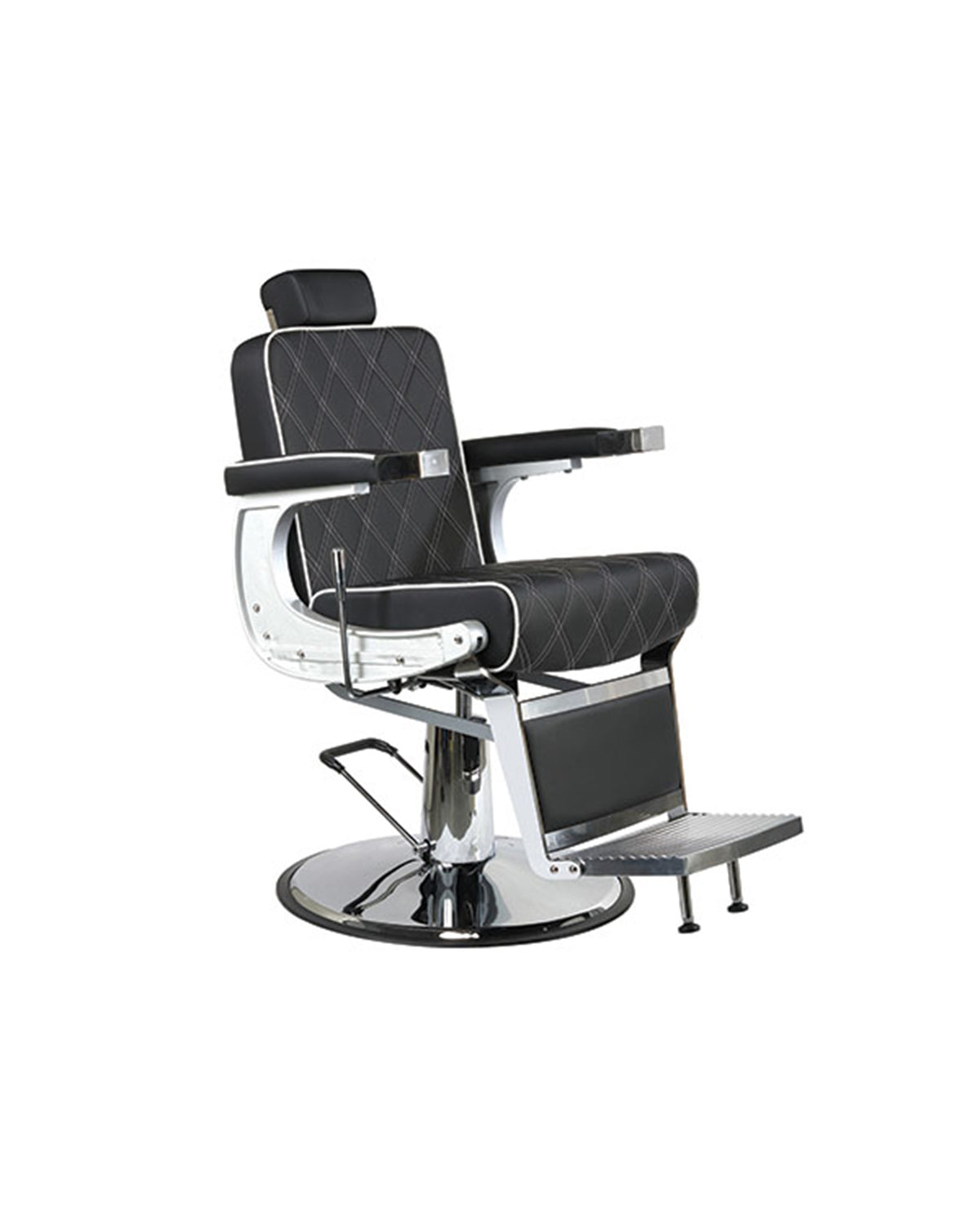 Karl - Fauteuil barbier noir avec passepoil blanc et base ronde chromée